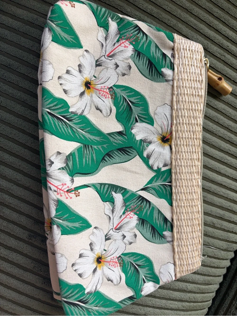 Tropical White Floral Canvas Clutch/Cosmetic Bag NWOT!